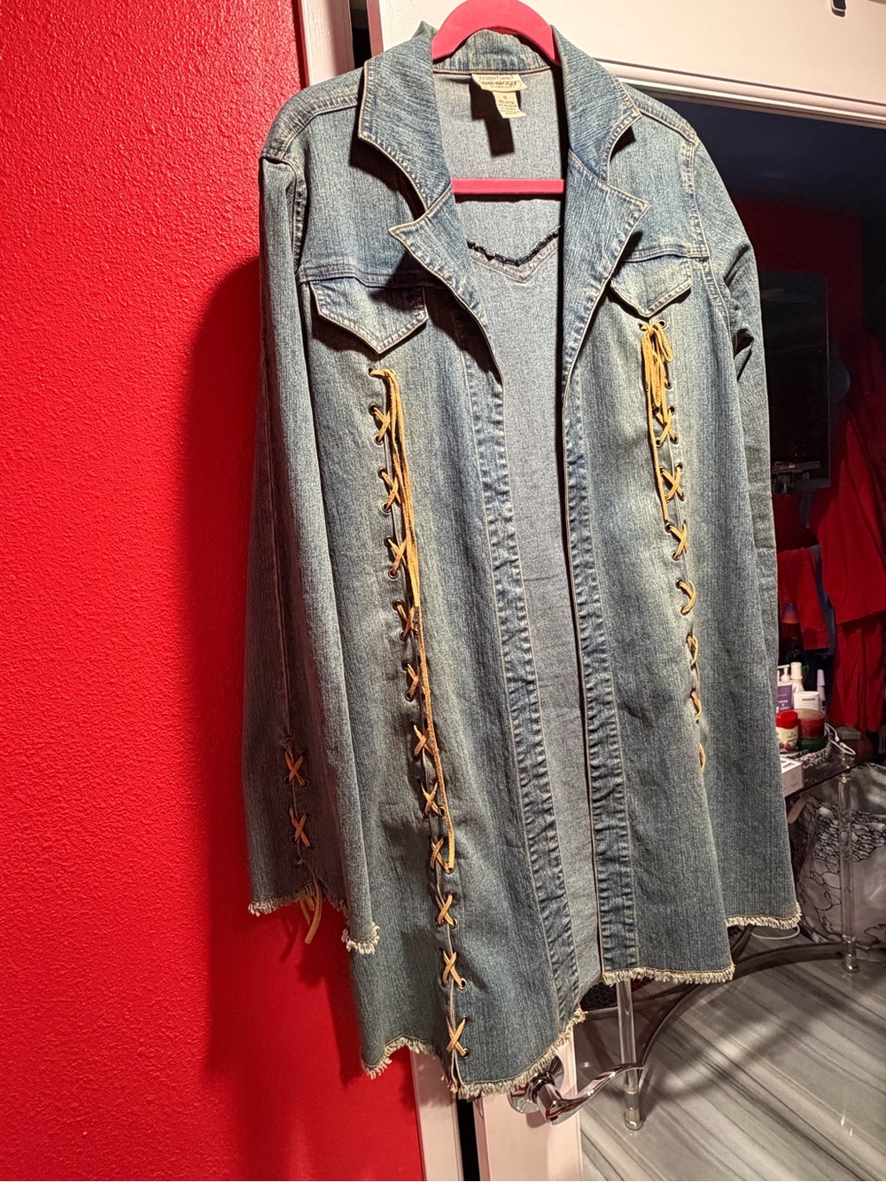Newport News Light Blue Lace-Up Denim Long Jacket